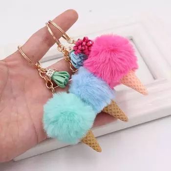 Cute Plush Ice Cream Pendant Keychain Furry Bag Decor Car Key Chain Earbud Case Accessories for Women Daily Jewelry Gift
