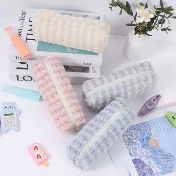 Cute Plush Pencil Case Plaid Makeup Bags Durable Cosmetic Pouch Office Supplies 04
