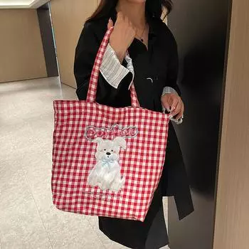 Cute plush puppy embroidered shoulder bag large capacity plaid bag student class bag autumn and winter new cloth bag розовый