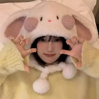 Cute plush rabbit ears hat women autumn and winter thickened warm cycling cold protection ear cover Lei Feng hat tide M56-58cm молочный белый