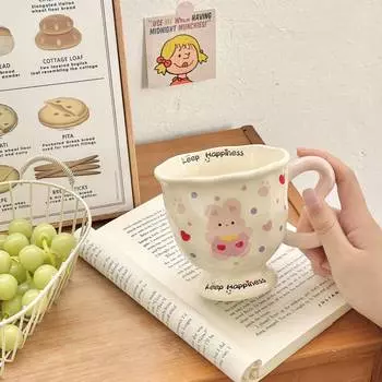 Cute Polka Dot Rabbit Creative High Value Cartoon Water Cup Ceramic Mug with Lid Spoon Birthday Gift for Girls 400ML