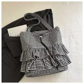 Cute Preppy Checked Cloth Bag Women 2025 Summer New South korea Large Capacity Lace Large Capacity Tote Bag Black