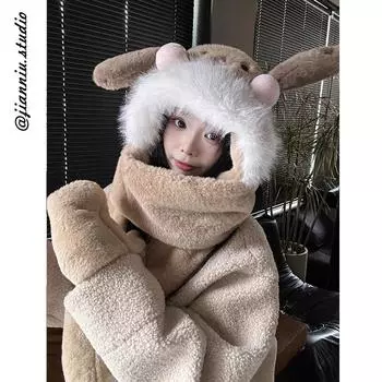 Милая шапка с ушками щенка, шарф, перчатки, комплект из трех предметов, зима 2024, новый теплый универсальный головной убор M56-58cm
