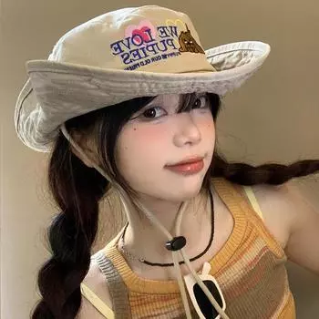 Милая вышитая ретро-ковбойская кепка в стиле вестерн с вышитыми щенками, женская летняя, с большими полями, защита от солнца, повседневная, универсальная, с завязками на завязках 56-58cm хаки