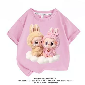 Cute Pure Cotton Labubu Short-sleeved T-shirt for Girls, Fashionable Round-neck Top for Summer Children 110 розовый