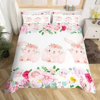 Cute Rabbit Duvet Cover Set Twin Queen Colorful Flower Bedding Set Microfiber Botanical Floral Cartoon Animal Comforter Cover EU single(135x200cm)