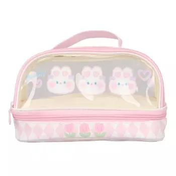 Cute Rabbit Pen Bag Rabbit Pattern Double Layer Waterproof Transparent Kawaii Pencil Case Pink
