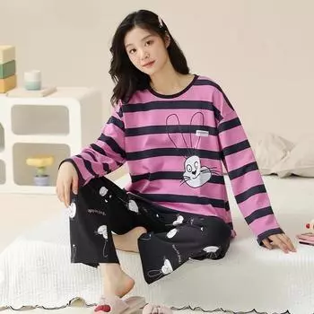 Cute Rabbit Print Cartoon Sleepwear Autumn Winter Woman Pajamas Set Pullover Long Sleeves Girl Homewear Lady Soft Loungewear M
