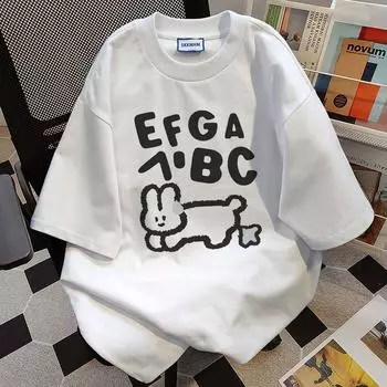 Футболка с милым принтом кролика и круглым вырезом для мужчин и женщин, чистый хлопок, летний модный тренд, повседневный удобный топ с коротким рукавом для пары, Harajuku S белый
