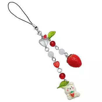 Cute Rabbit Strawberry Phone Charm Colorful Beaded Keychain Stylish Resin and Alloy Keyring Jewelry for Women and Girls