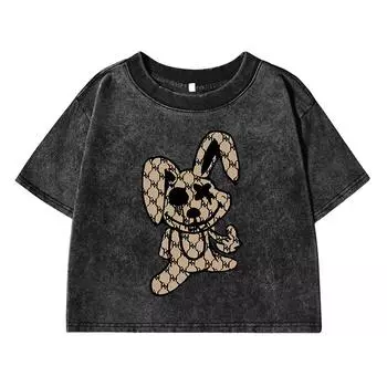 Cute Rabbitprinting Women Wash Short T Shirt Summer Breathable Street Tees Casual Distress Midriff-Baring Tops Female M