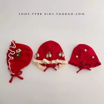 Cute red new year baby hat winter infants and toddlers keep warm New Year s greetings knitted wool hat tide