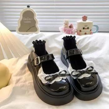 Cute round head buckle small leather shoes new bow JK leather shoes student platform women 35