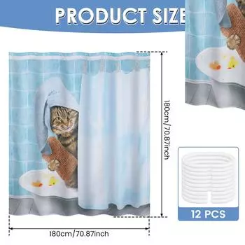 Cute Shower Curtain Polyester Waterproof Bath Curtain with 12 Hooks Funny Cat Patterns Bathroom Decoration for Home Apartment 180x180cm
