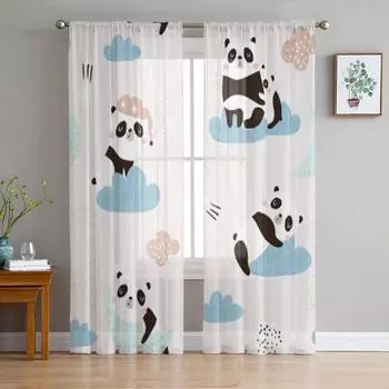 Cute Sleeping Pandas Moon Rainbows Clouds Chiffon Sheer Curtains for Living Room Bedroom Decoration Window Voiles Tulle Curtain 135W x 114H(cm)