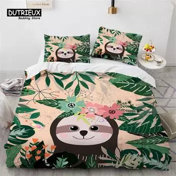 Cute Sloth Duvet Cover Twin Cartoon Animal Bedding Set Microfiber Floral Leaves Quilt Cover For Teen Girl Boys Kawaii Room Decor EU single(135x200cm)