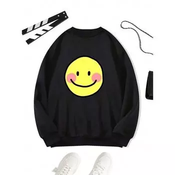 Cute Smile Cartoon Printing Hoody Female Fashion Crewneck Sweatshirt Vintage Oversize Clothes New Loose Casual Sportswears Women L чёрный