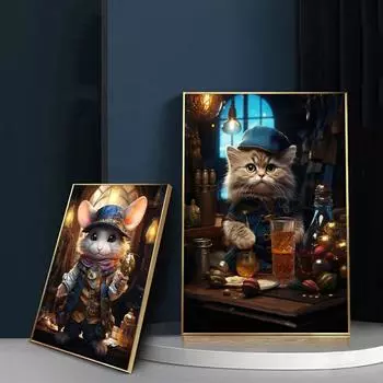 Милые постеры и принты в стиле стимпанк с животными чиби, принты на холсте с изображением ежа хомяка, настенные художественные картины для гостиной, домашний декор 21x30cm No Framed