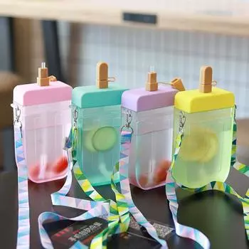 Cute Straw Cup New Plastic Popsicle Water Bottle With Rope Outdoor Transparent Juice Drinking Cup Suitable For Adult Children 300ml