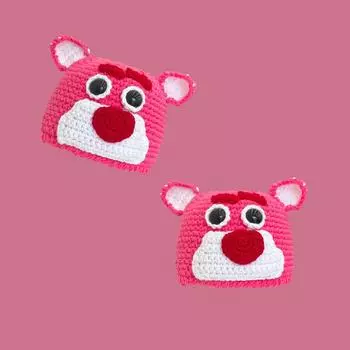 Cute strawberry bear~ Handwoven pink wool hat for women s autumn and winter warmth matching portable knitted bag M56-58cm