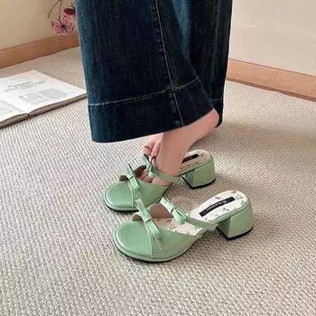 Cute sweet wind thick heel sandals women s 2025 summer new fashion bow girls pedal wedge sandals 35 красный