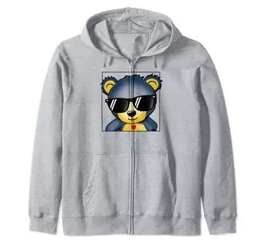 Cute teddy bear zip hoodie with sunglasses серый