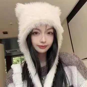 Cute thickened plush ear care hat cat ear warm lace-up warm hat winter new hat M56-58cm чёрный