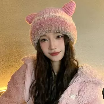 Cute Three-Dimensional Ears Wool Hat Women S Season Thickened Warm Ear Protection Knitted Hat Student Pullover Hat One Size
