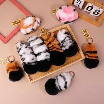 Cute Tiger Paw Key Chain Real Rex Rabbit Fur Tiger Tail Pendant Pompom Bag Charm Jewelry Gift