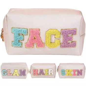 Cute Travel Chenille Letter Makeup Bag Preppy Patch Cosmetic Bags for Teens Girls Women s Large Capacity PU Skincare Storage Bag Style 3