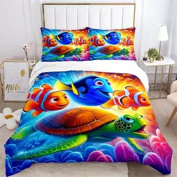 Cute Turtle Dolphin Beautiful Fish Duvet Cover Set Printed Bedding Set Double Queen King Size 2/3pcs,Bettbezug 218x177cm 86x70in