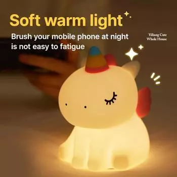 Cute Unicorn Silicone Lamp LED Night Light for Kids Children USB Rechargeable 1200mAh Battery Bedroom Touch Pat Night Lamp Gift
