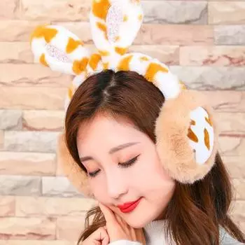 Cute Warm Cow Speckle Rabbit Ear Plush Ear Cover Cartoon Earmuffs Animal Earmuffs Girl Earmuffs black-Rabbit
