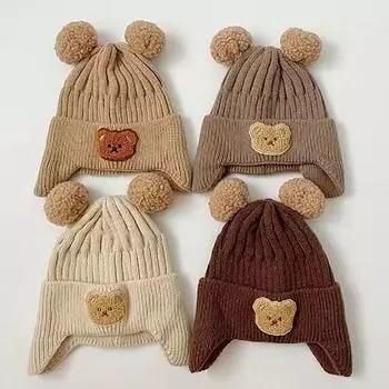 Cute Warm Kids Crochet Hats Winter Baby Beanie Cap Cartoon Bear Ear Protection Knitted Hat For Toddler Boys Girls A1