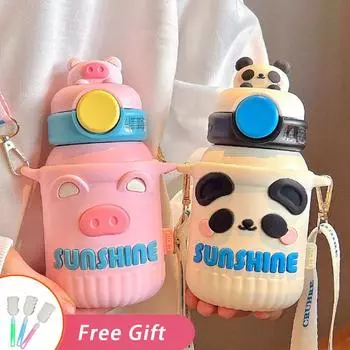 Cute Water Bottle 316 Stainless Steel Thermos Kawaii Child Tumbler Creative Cartoon Vacuum Flasks Portable Insulation Straw Cup without sticker зелёный