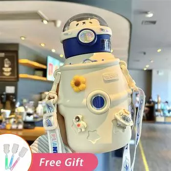 Cute Water Bottle Coffee Mug Kawaii Children Tumbler Travel Insulation Cup Creative Cartoon Vacuum Flasks Portable Straw Thermos without 3D sticker белый