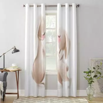 Cute Watercolor Bunnies Window Curtains For Living Room Bedroom Luxury Modern Kitchen Curtains Fabric Drapes 135W x 60H(cm) x1