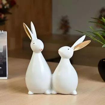 Cute White Rabbit Pair Showpiece – Decorative Bunny Figurines for Home, Bedroom, Living Room & Office Desk | Feng Shui Good Luck Gift,