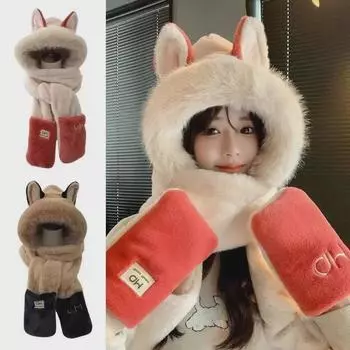 Cute Women s Winter Warmth: Plush Fox Ears Hat with Scarf and Gloves, Cold-Proof Lei Feng Design.