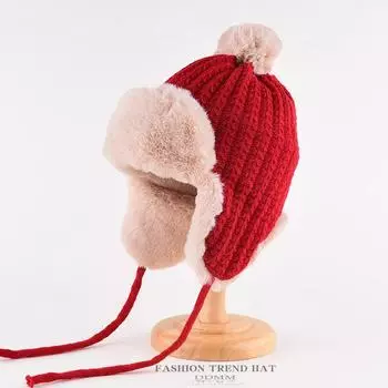 Cute Wool Cap Children s Fall and Winter Warm Cold Knitted Cap Padded and Thickened Cycling Ear Protection Lei Feng Hat One Size красный