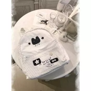 Cute Young Adult Heart Cat Backpack Bags Female Korean Black and White Polka Dot Junior and Middle School Students Class Schoolbag Versatile Backpack White