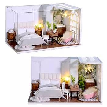 CUTEROOM Креативный миниатюрный кукольный домик, масштабная деревянная мебель для комнаты своими руками, пылезащитный чехол со светодиодами, идеально подходит для любителей рукоделия и уникального украшения дома