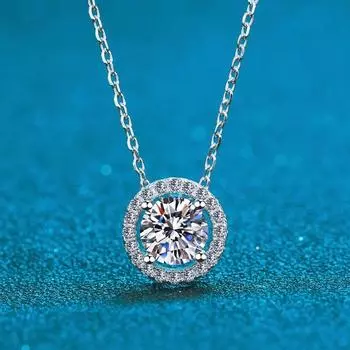 Цвет D 0,3-2,0 карата, сертифицированное муассанитовое ожерелье для женщин, классический рондовый кулон с ореолом из блестящего муассанита, серебро 925 пробы, платина 0.3CT
