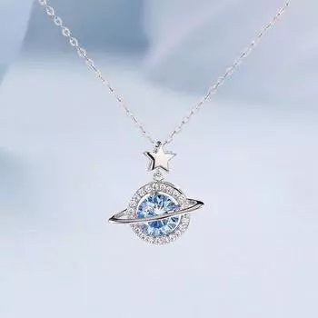 Цвет D, 1 карат, синий муассанит, стерлинговое серебро 925 пробы, кулон для женщин, модное милое ожерелье с планетарной орбитой, оригинальные ювелирные изделия, подарки