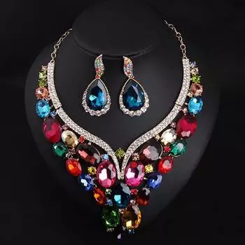 Цвет Красный Кристалл Стекло Драгоценный Камень Короткие Ключицы Ожерелье Серьги Комплект Платье Ужин Аксессуары