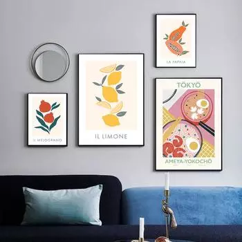 Цвет кухни Фруктовая еда Плакат Папайя Лимон Картина на холсте Токио Японская лапша Цветная настенная живопись Картина для столовой Домашний декор 21x30cm No Framed