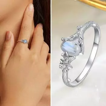 Цвет натурального камня, выгравированная ветка дерева, цветок, винтажный искусственный лунный камень, инкрустированный палец US 7 серебряный