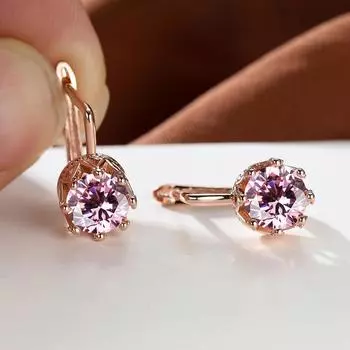 Цвет розового золота, круглый вырез, розовый, красный, синий, радужный камень, висячие серьги с восемью когтями, серьги-гвоздики, ювелирные изделия белый