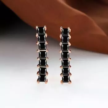 Цвет розового золота, квадратная огранка, черный камень, серьги-когти, свадебные серьги-крючки с камнем принцессы, ювелирные изделия, подарок любовнику чёрный