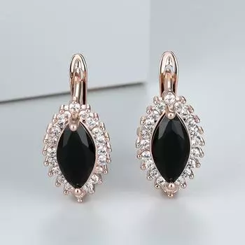 Цвет розового золота, обручальные серьги-гвоздики с черным камнем огранки «маркиз» для женщин и девочек, ювелирные изделия, серьги-листья, свадебные подарки чёрный